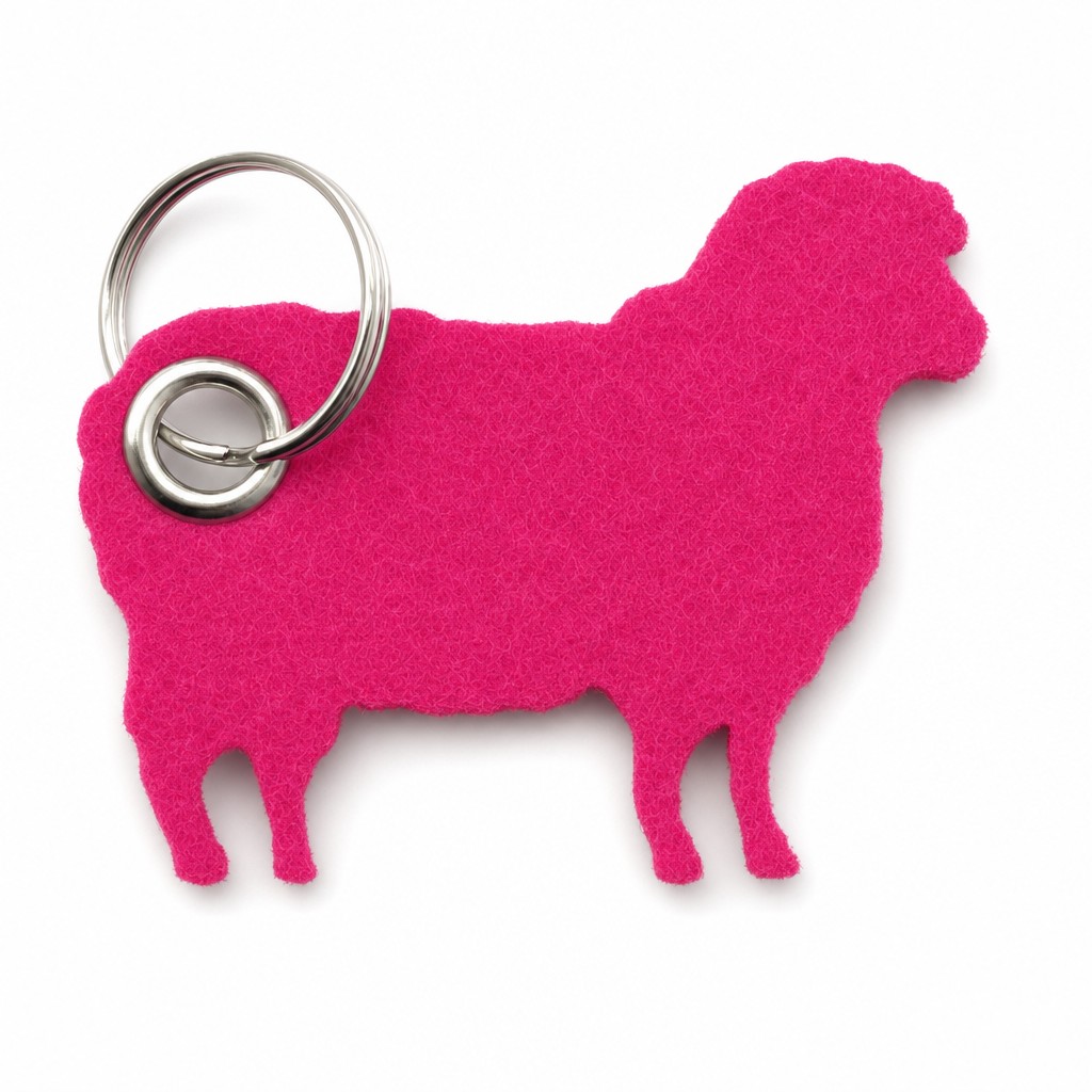 Filz-Schlüsselanhänger Schaf in Dunkelpink-Magenta mit Metallöse und Schlüsselring – Werbeartikel aus 3 mm Filz