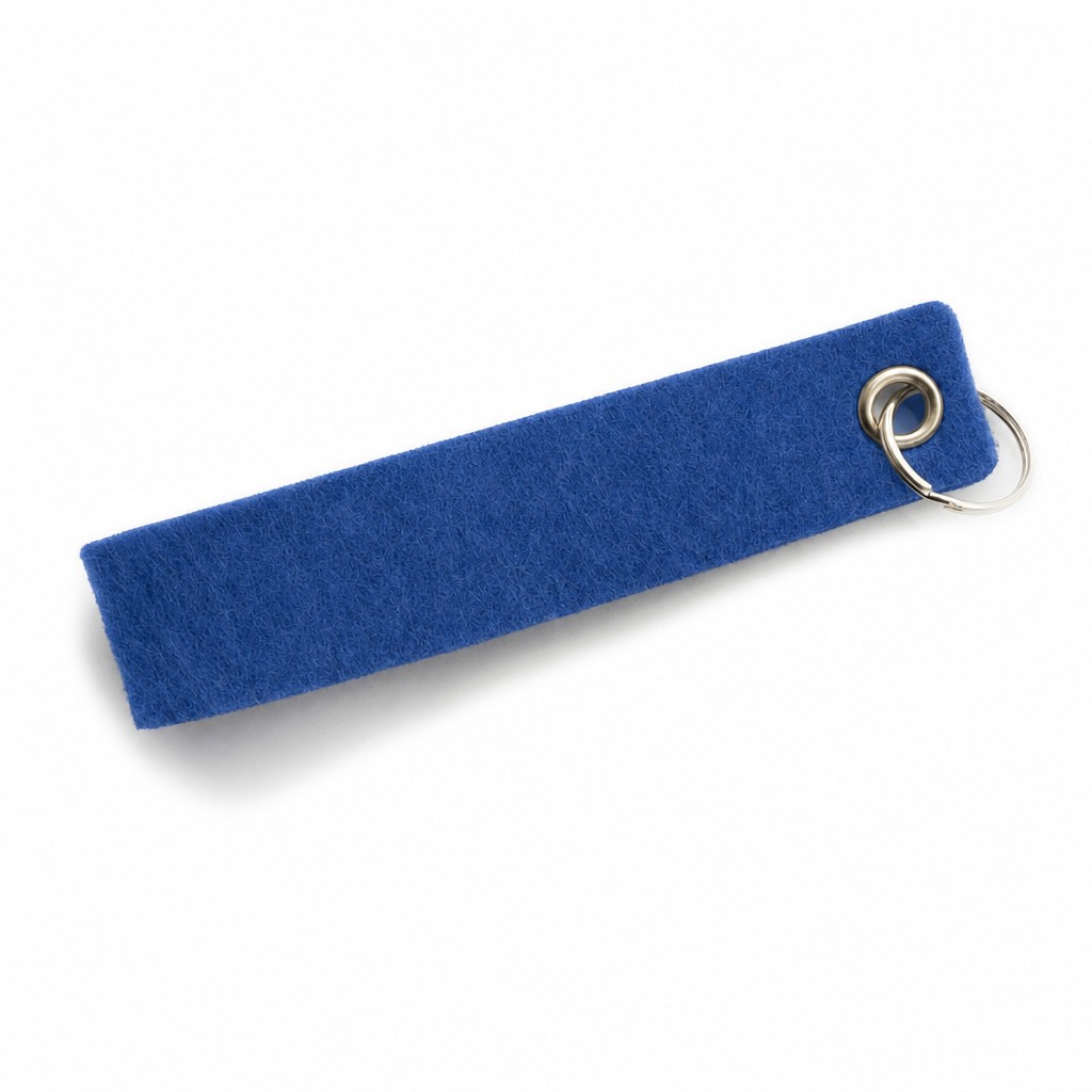 Filz-Schlüsselanhänger Schlaufe 140 × 30 mm in Blau mit Metallöse und Schlüsselring – Werbeartikel aus 3 mm Filz