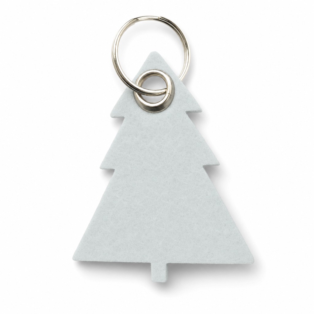Filz-Schlüsselanhänger Tannenbaum in Weiß mit Metallöse und Schlüsselring – Werbeartikel aus 3 mm Filz