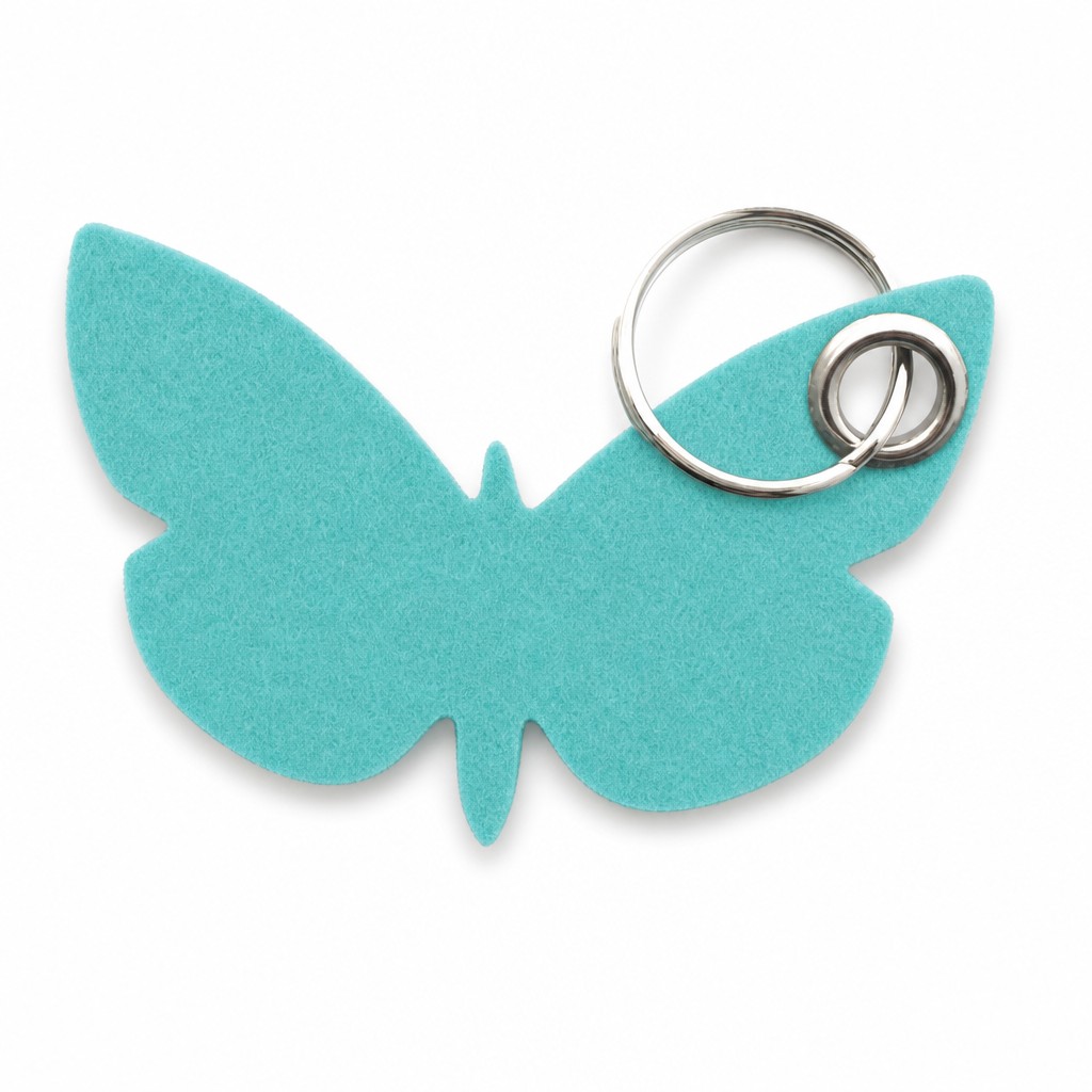 Filz-Schlüsselanhänger Schmetterling in Türkis mit Metallöse und Schlüsselring – Werbeartikel aus 3 mm Filz