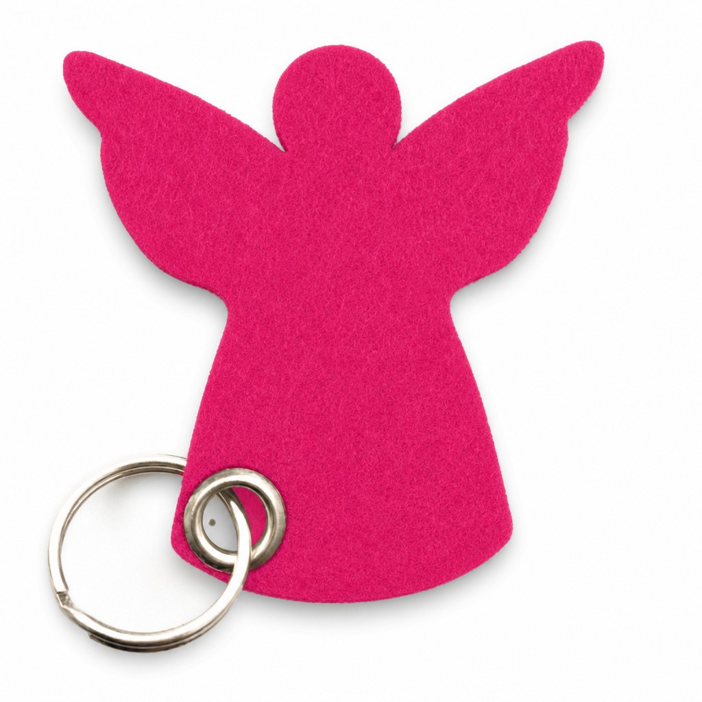 Filz-Schlüsselanhänger Engel in Dunkelpink-Magenta mit Metallöse und Schlüsselring – Werbeartikel aus 3 mm Filz