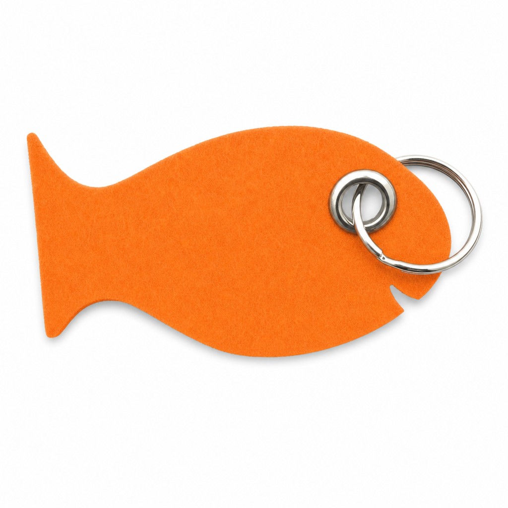 Filz-Schlüsselanhänger Fisch in Orange mit Metallöse und Schlüsselring – Werbeartikel aus 3 mm Filz