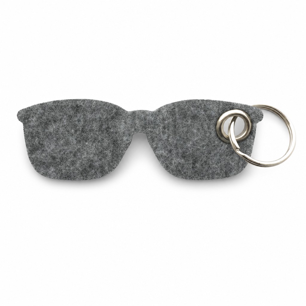 Filz-Schlüsselanhänger Brille in Mittelgrau-meliert mit Metallöse und Schlüsselring – Werbeartikel aus 3 mm Filz