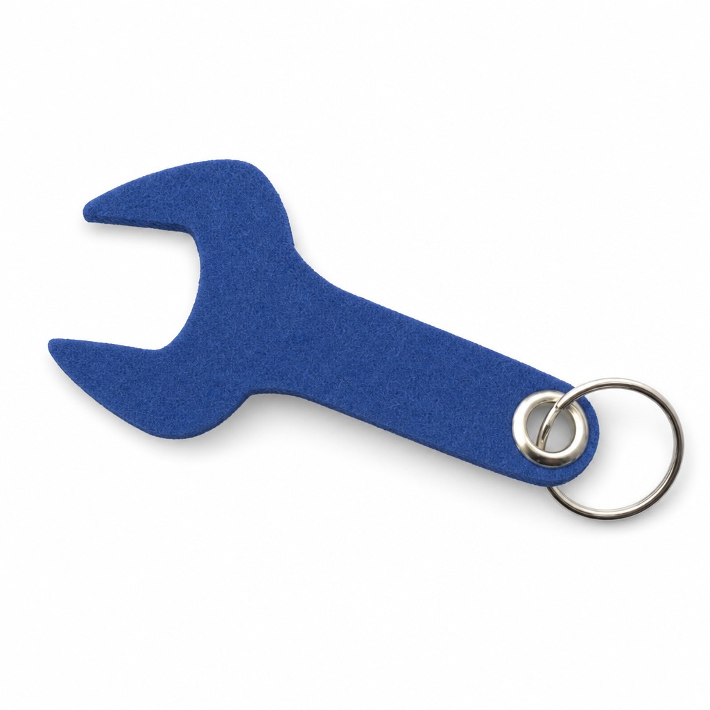 Filz-Schlüsselanhänger Schraubenschlüssel in Blau mit Metallöse und Schlüsselring – Werbeartikel aus 3 mm Filz (mit KI bearbeitetes Bild)