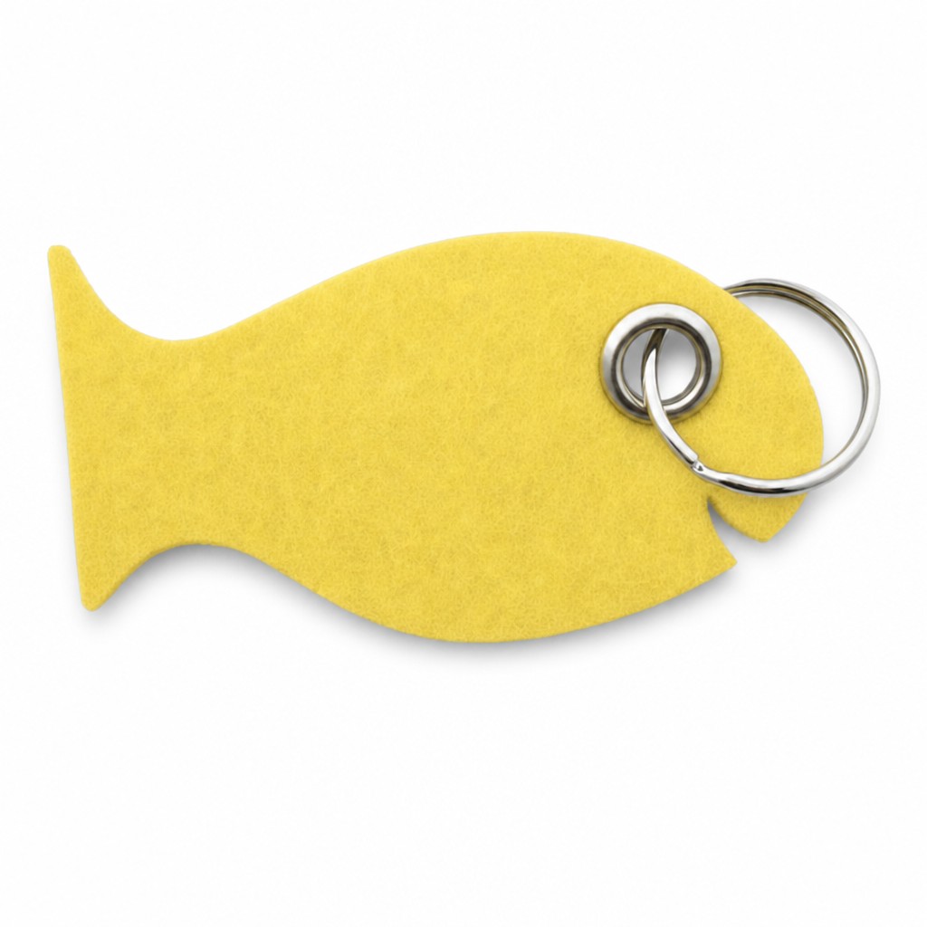 Filz-Schlüsselanhänger Fisch in Gelb mit Metallöse und Schlüsselring – Werbeartikel aus 3 mm Filz