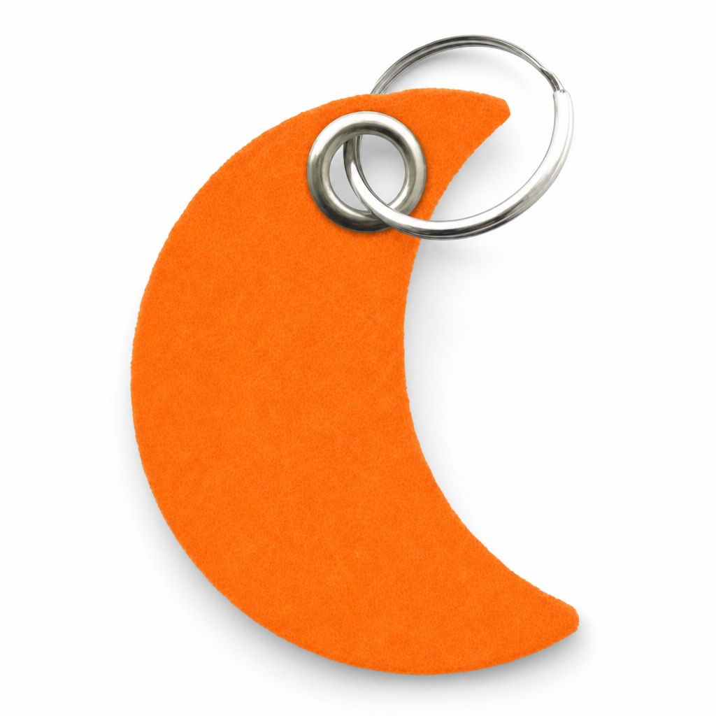 Filz-Schlüsselanhänger Mond in Orange mit Metallöse und Schlüsselring – Werbeartikel aus 3 mm Filz