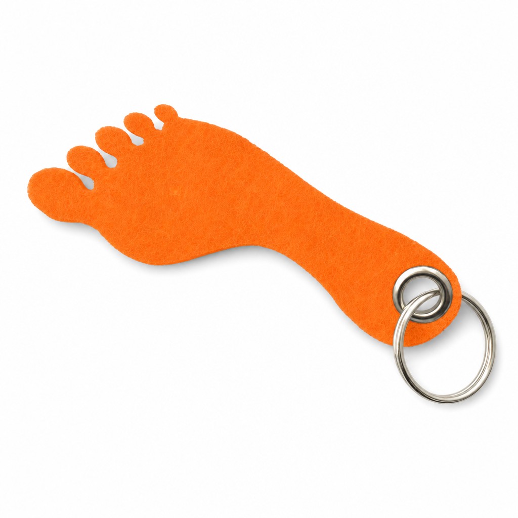 Filz-Schlüsselanhänger Fuß in Orange mit Metallöse und Schlüsselring – Werbeartikel aus 3 mm Filz