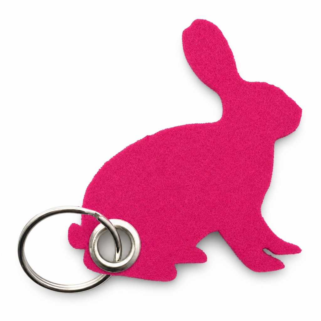 Filz-Schlüsselanhänger Hase in Dunkelpink-Magenta mit Metallöse und Schlüsselring – Werbeartikel aus 3 mm Filz
