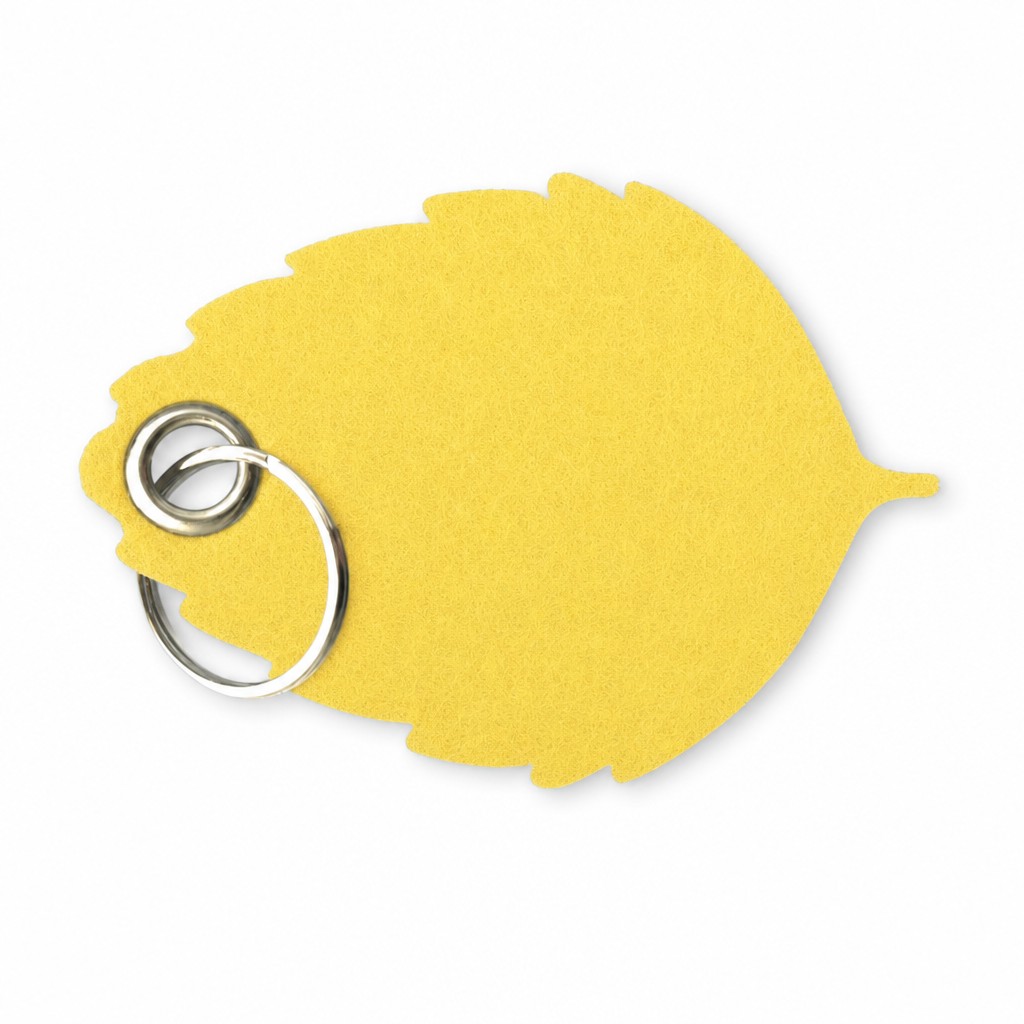 Filz-Schlüsselanhänger Blatt in Gelb mit Metallöse und Schlüsselring – Werbeartikel aus 3 mm Filz