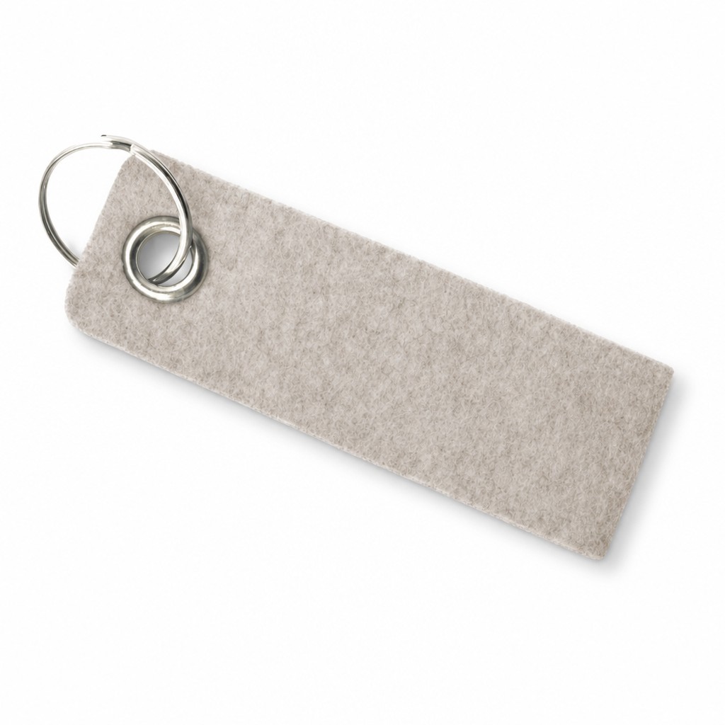 Filz-Schlüsselanhänger Schlaufe 90 × 30 mm in Beige-meliert mit Metallöse und Schlüsselring – Werbeartikel aus 3 mm Filz