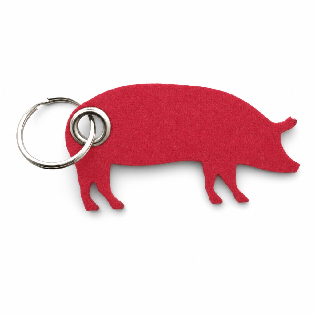 Filz-Schlüsselanhänger Schwein in Rot mit Metallöse und Schlüsselring – Werbeartikel aus 3 mm Filz