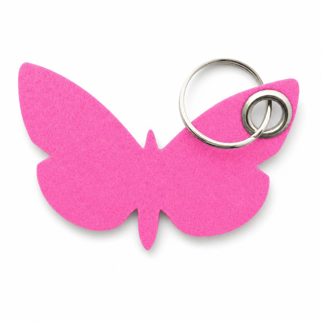 Filz-Schlüsselanhänger Schmetterling in Pink mit Metallöse und Schlüsselring – Werbeartikel aus 3 mm Filz (mit KI bearbeitetes Bild)