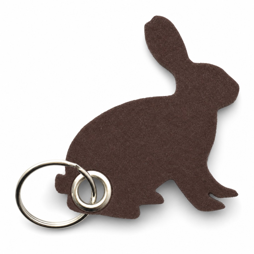 Filz-Schlüsselanhänger Hase in Dunkelbraun mit Metallöse und Schlüsselring – Werbeartikel aus 3 mm Filz