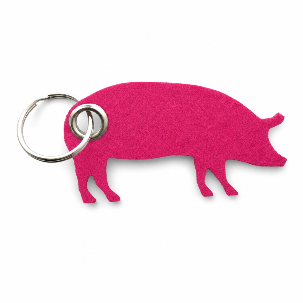 Filz-Schlüsselanhänger Schwein in Dunkelpink-Magenta mit Metallöse und Schlüsselring – Werbeartikel aus 3 mm Filz