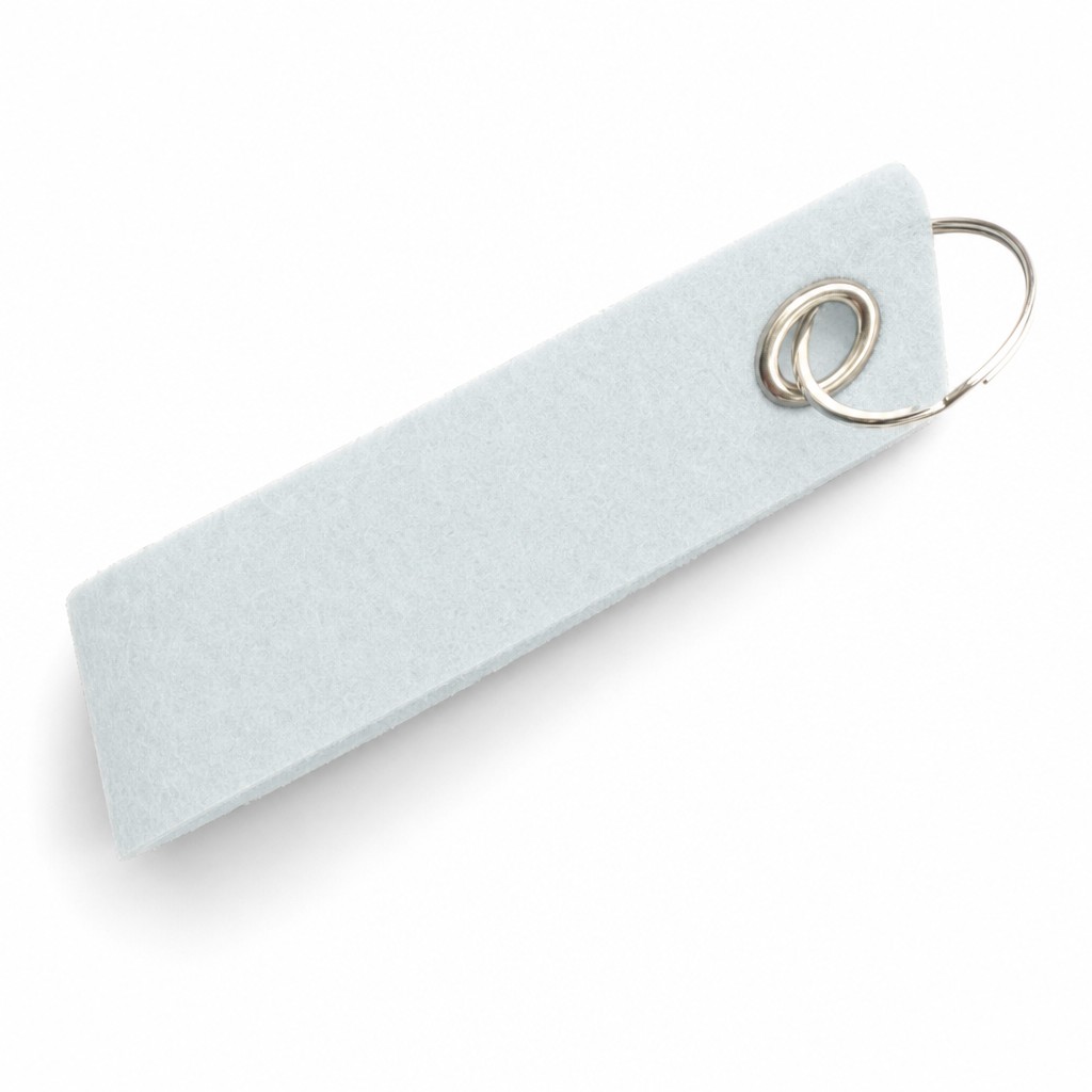 Filz-Schlüsselanhänger Schlaufe 60 × 20 mm in Weiß mit Metallöse und Schlüsselring – Werbeartikel aus 3 mm Filz