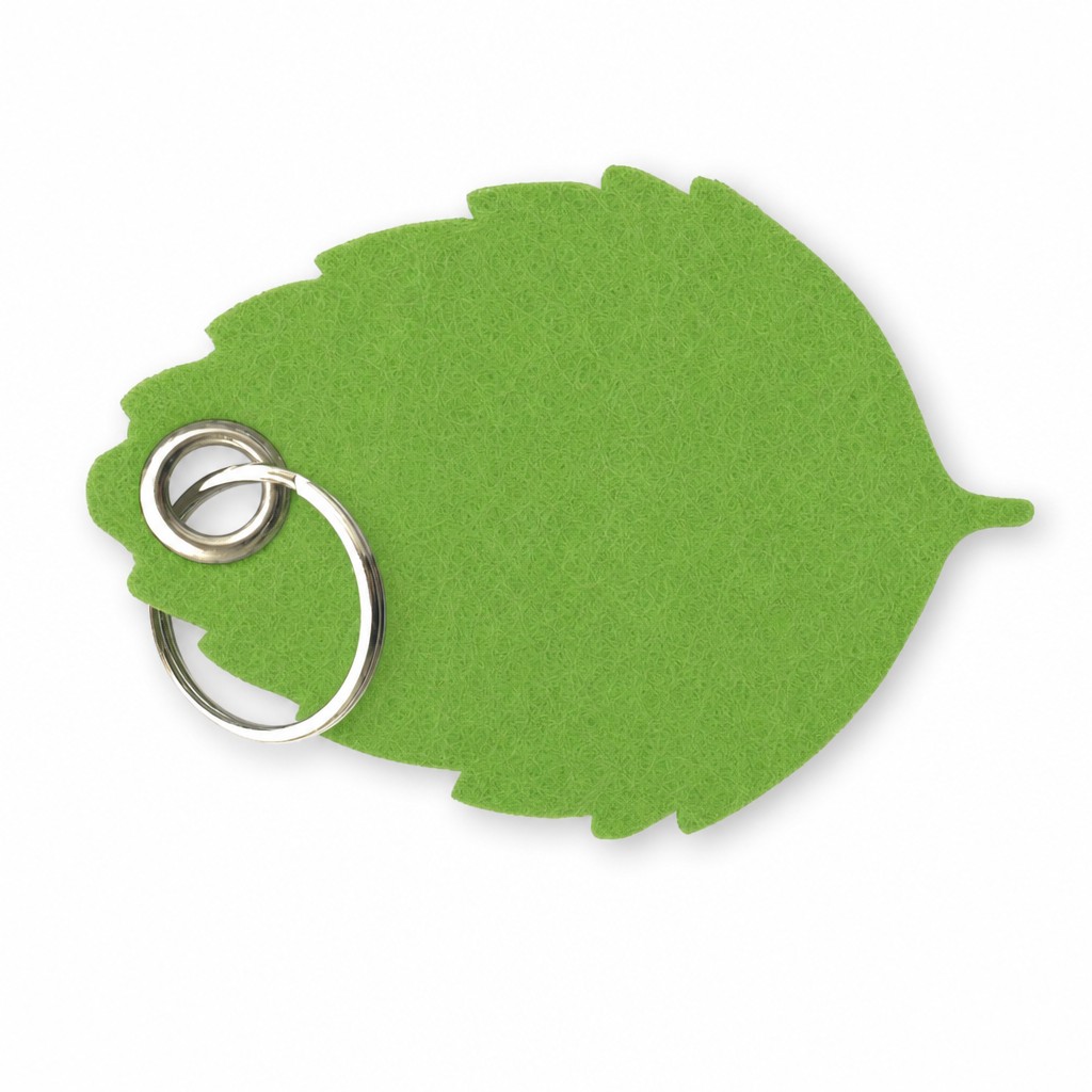 Filz-Schlüsselanhänger Blatt in Hellgrün mit Metallöse und Schlüsselring – Werbeartikel aus 3 mm Filz (mit KI bearbeitetes Bild)