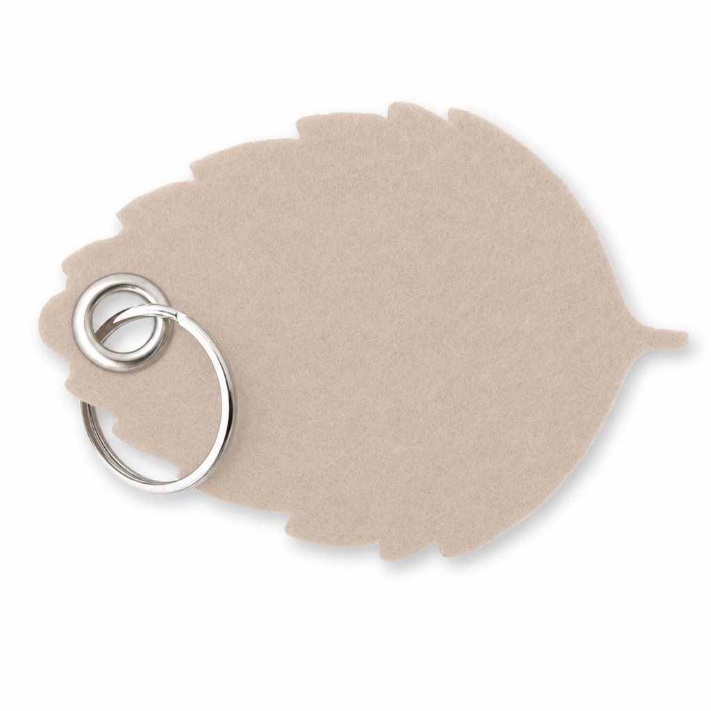 Filz-Schlüsselanhänger Blatt in Beige mit Metallöse und Schlüsselring – Werbeartikel aus 3 mm Filz