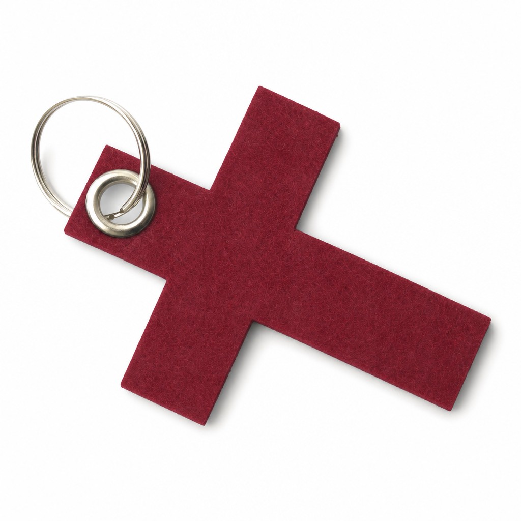 Filz-Schlüsselanhänger Kreuz groß in Dunkelrot mit Metallöse und Schlüsselring – Werbeartikel aus 3 mm Filz