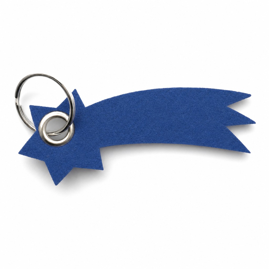 Filz-Schlüsselanhänger Sternschnuppe in Blau mit Metallöse und Schlüsselring – Werbeartikel aus 3 mm Filz (mit KI bearbeitetes Bild)