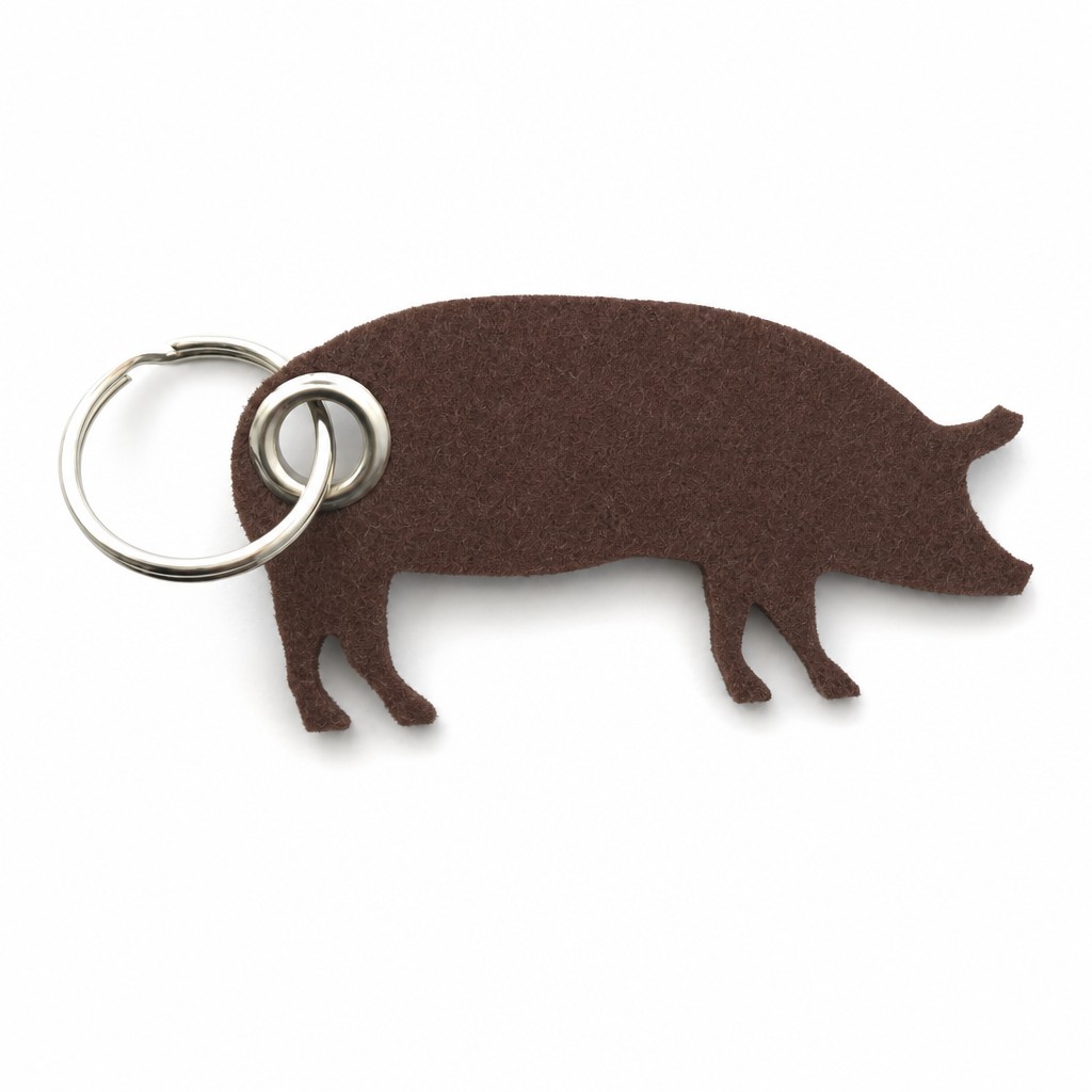 Filz-Schlüsselanhänger Schwein in Dunkelbraun mit Metallöse und Schlüsselring – Werbeartikel aus 3 mm Filz