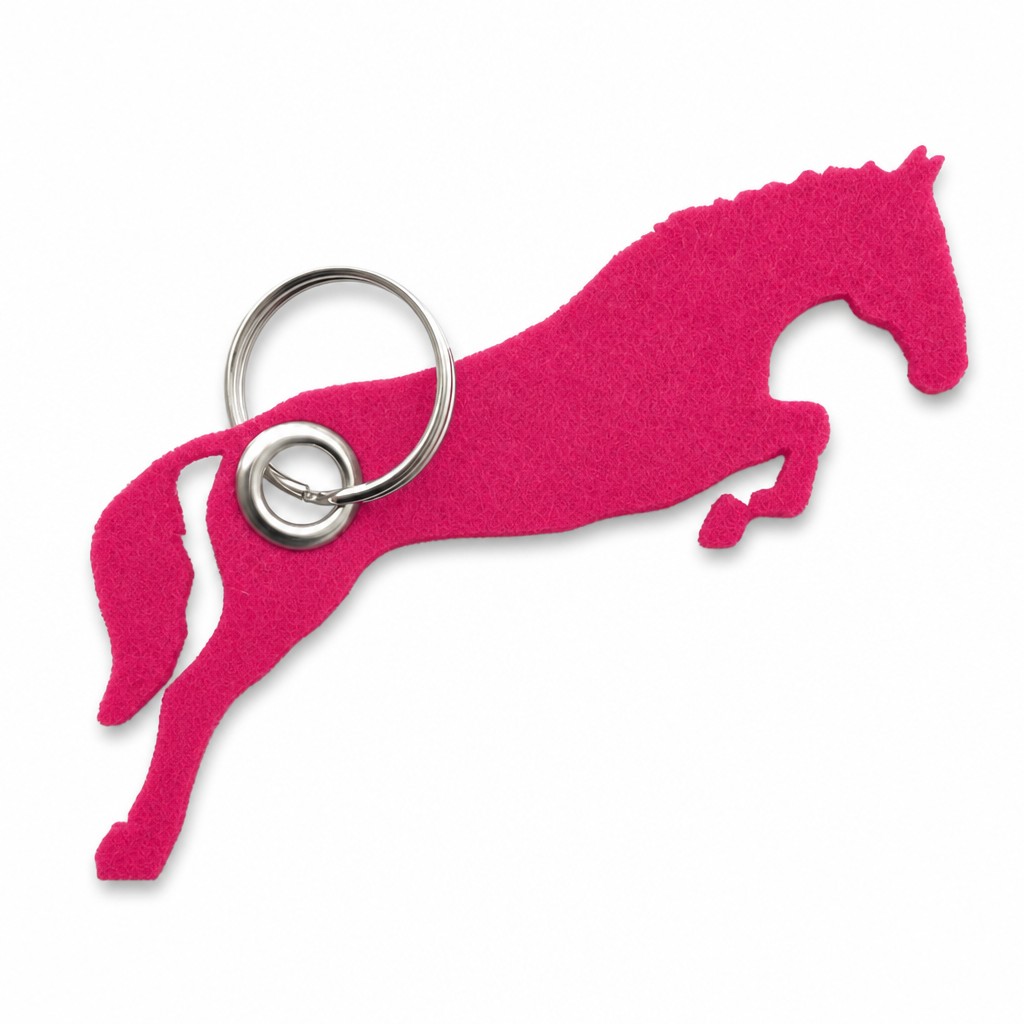 Filz-Schlüsselanhänger Springpferd in Dunkelpink-Magenta mit Metallöse und Schlüsselring – Werbeartikel aus 3 mm Filz