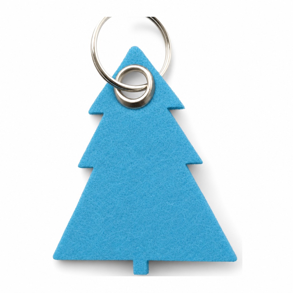 Filz-Schlüsselanhänger Tannenbaum in Hellblau mit Metallöse und Schlüsselring – Werbeartikel aus 3 mm Filz