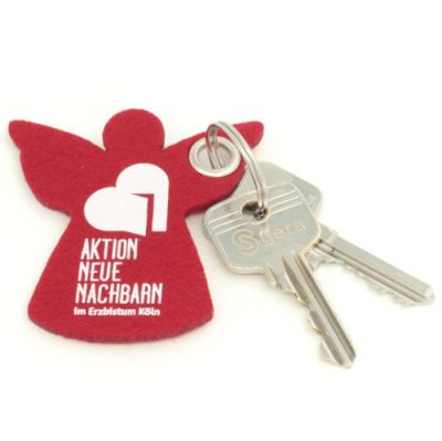 Filz-Schlüsselanhänger Engel in Bordeaux mit weißem Druck – Kundenprojekt kirchliche Initiative